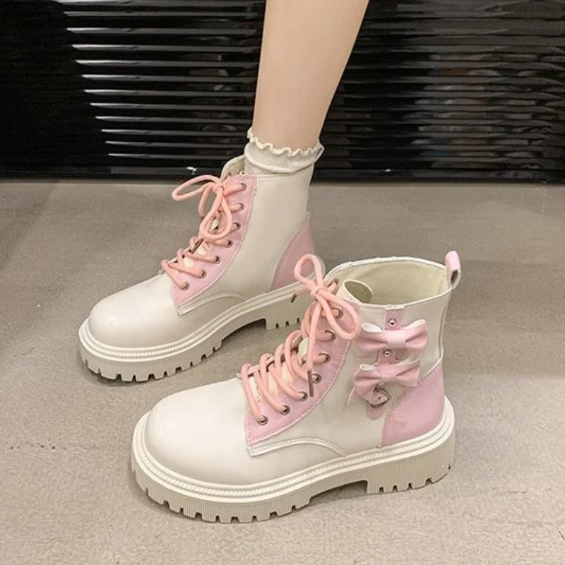 Combat Booties Cute Biker Pink and White Women's Ankle Boots On Promotion Chic Elegant Footwear Trend 2025 Pu Female Short Shoes