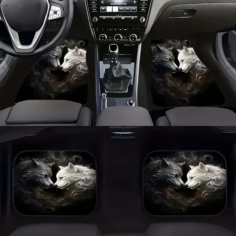 

Pack Of 4 Black And White Wolf Design Carpet Car Floor Mats Suitable For Cars, Trucks, SUVs, Front And Rear Full Set Universal V