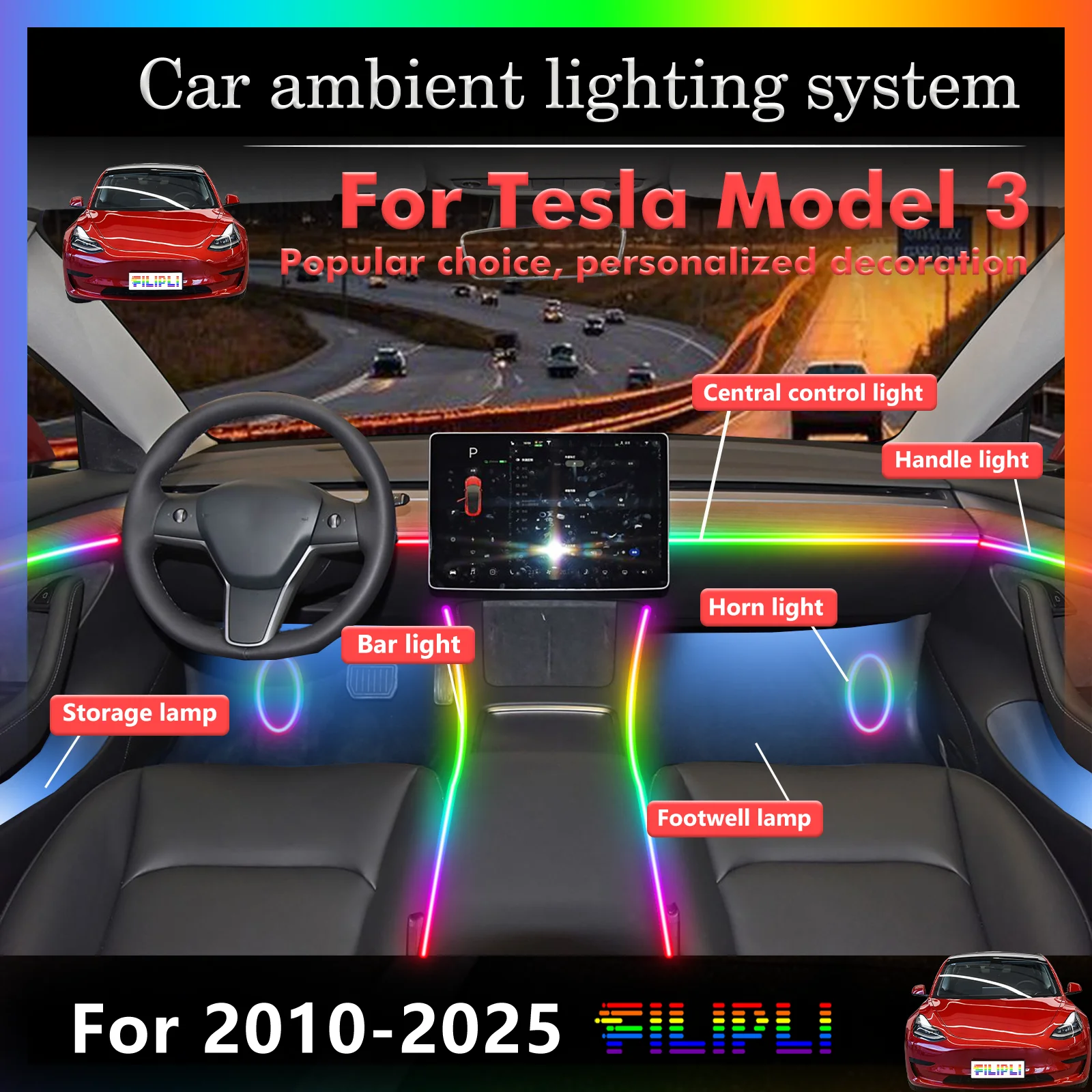 

For Tesla Model 3 Car Interior Decorative Ambient Light RGB 64-Color LED Smart Remote Control Energy Saving Set