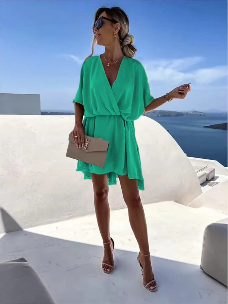 

Summer Casual Party Dresses Sexy V-neck Cross Strap Mini Skirt Ruffled Hem Chiffon Dress Female Fashion Women Solid Color Dress