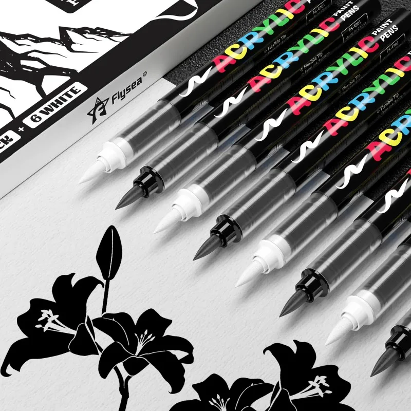 Premium Acrylic Paint Marker Set 8pcs Black & White Large Capacity for Illustration Crafts Glass Wood Textile