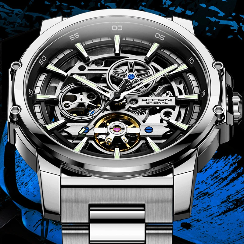 

ABORNI 9039 Unique Design Skeleton Dial Tourbillon Men Watch Stainless Steel Waterproof Luxury Automatic Mechanical Men's Watch