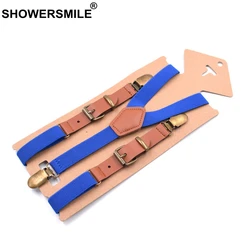 SHOWERSMILE Men's Leather Suspenders Blue Man Braces For Trousers Y Back Women's Wedding Business Pants Strap with 3 Clips 115cm