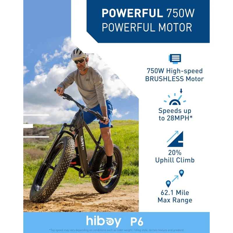 QHiboy P6 Electric Bike for Adults, 28MPH 62.1Miles Range 1000W Peak Motor 48V 13Ah Removable Battery Ebike, 26” x 4.0