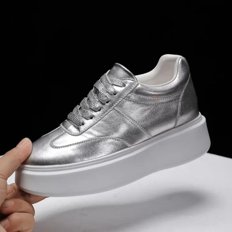 Women Thick Sole Casual Elevator Shoes Silver Genuine Leather Hidden Heel Platform Sneakers Casual Chunky Shoes
