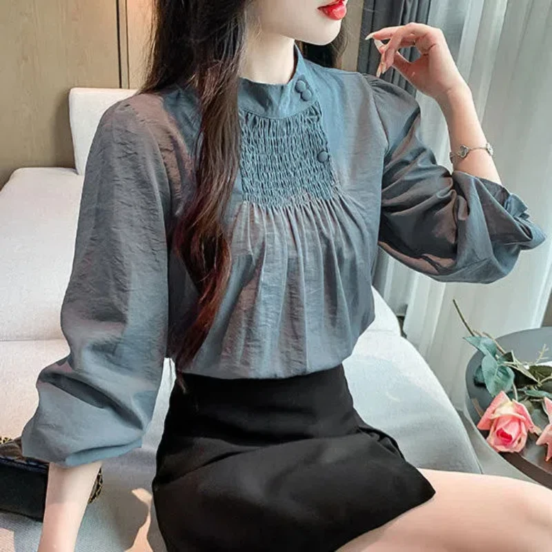 Standing Collar Pleated Long Sleeved Blouse Women Autumn Clothing Button Pullovers 2024 Autumn New Item Elegant All-match Tops
