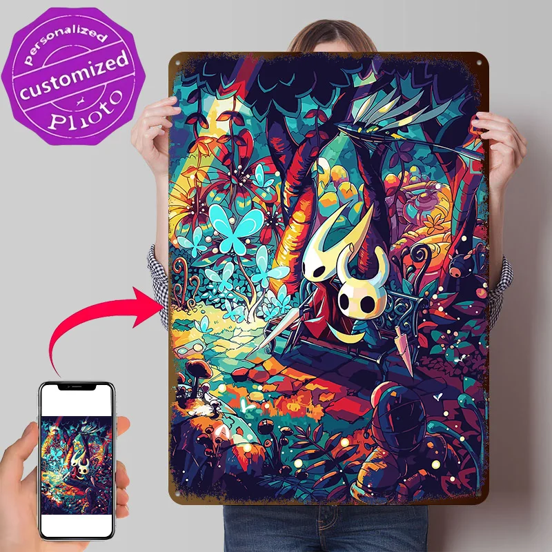 Hollow Knight Characters in Colorful Forest Personalized 3D Textured Metal Poster Wall Art Tinplate Sign for Decor Room Man Cave