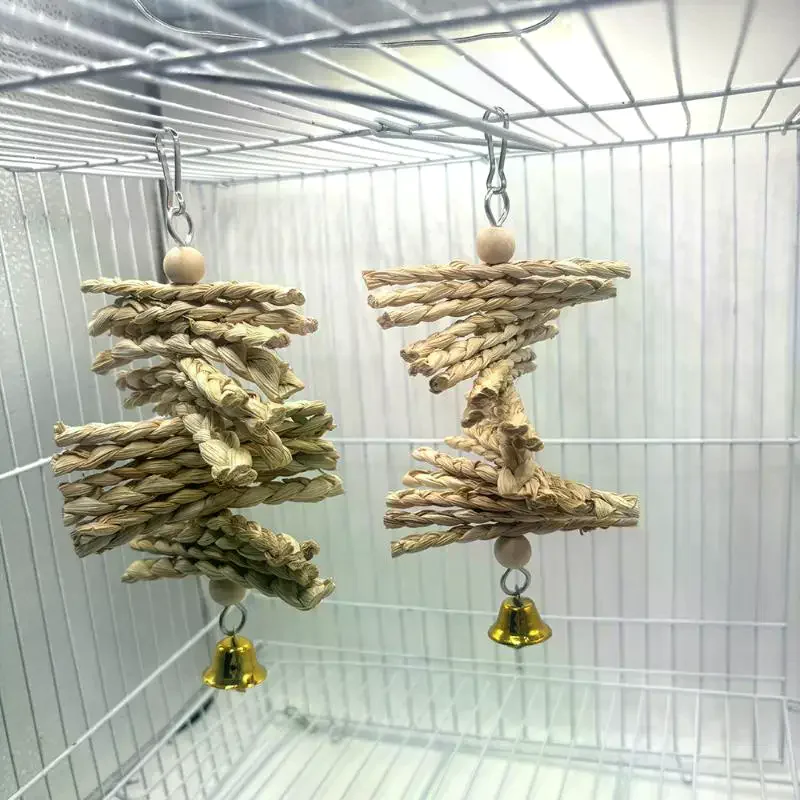 /TPz/Chew Toys Natural Corn Husk Braided Teething Bell String Chewing Toys For Pet Birds Entertainment And Anxiety Relief Parrot