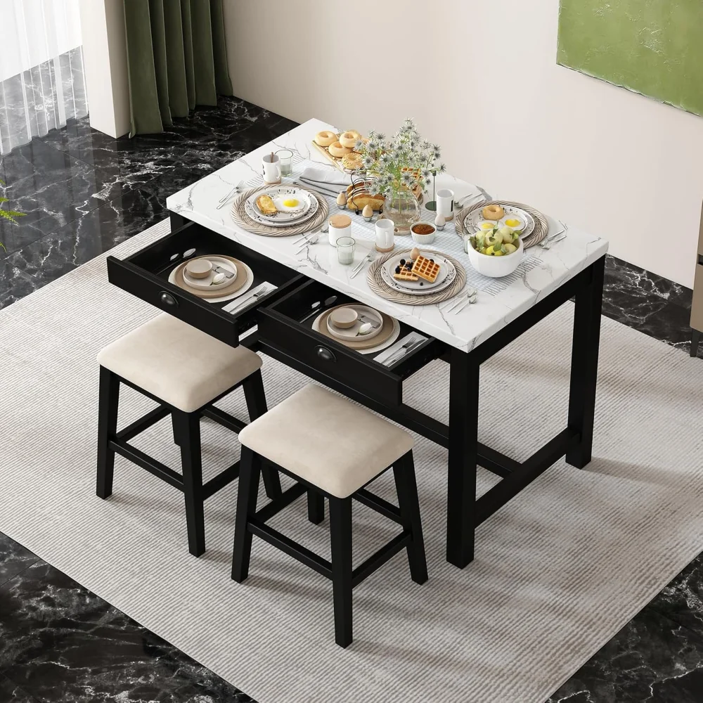 

3-Piece Modern Console Table Set with Bar Table, 2 Stools, Storage Drawers, Faux Marble Top for Kitchen, Dining Room