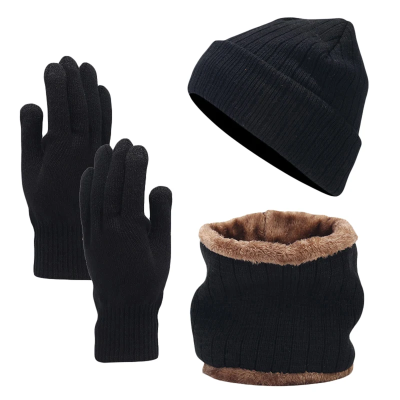 Winter Wool Beanie Hat Fleece Lined Neck Warmer Scarf and Gloves Set 3 Piece Outdoor Cold Weather Thermal Set for Men Women