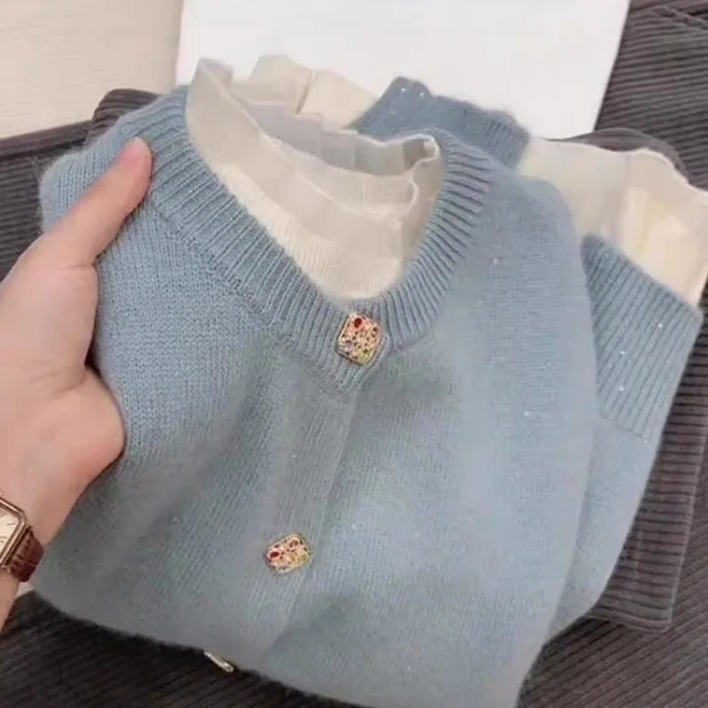 Elegant Tweed Style Soft Lazy Knit Cardigan Women Round Neck Solid Color Sweater Coat