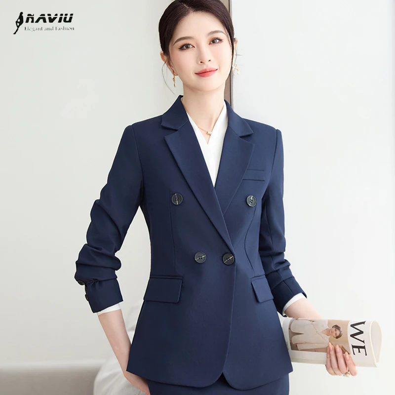 

NAVIU Fashion Women Blazer New Professional Formal Double Breasted Slim Long Sleeve Jacket Office Ladies Work Coat Navy Blue
