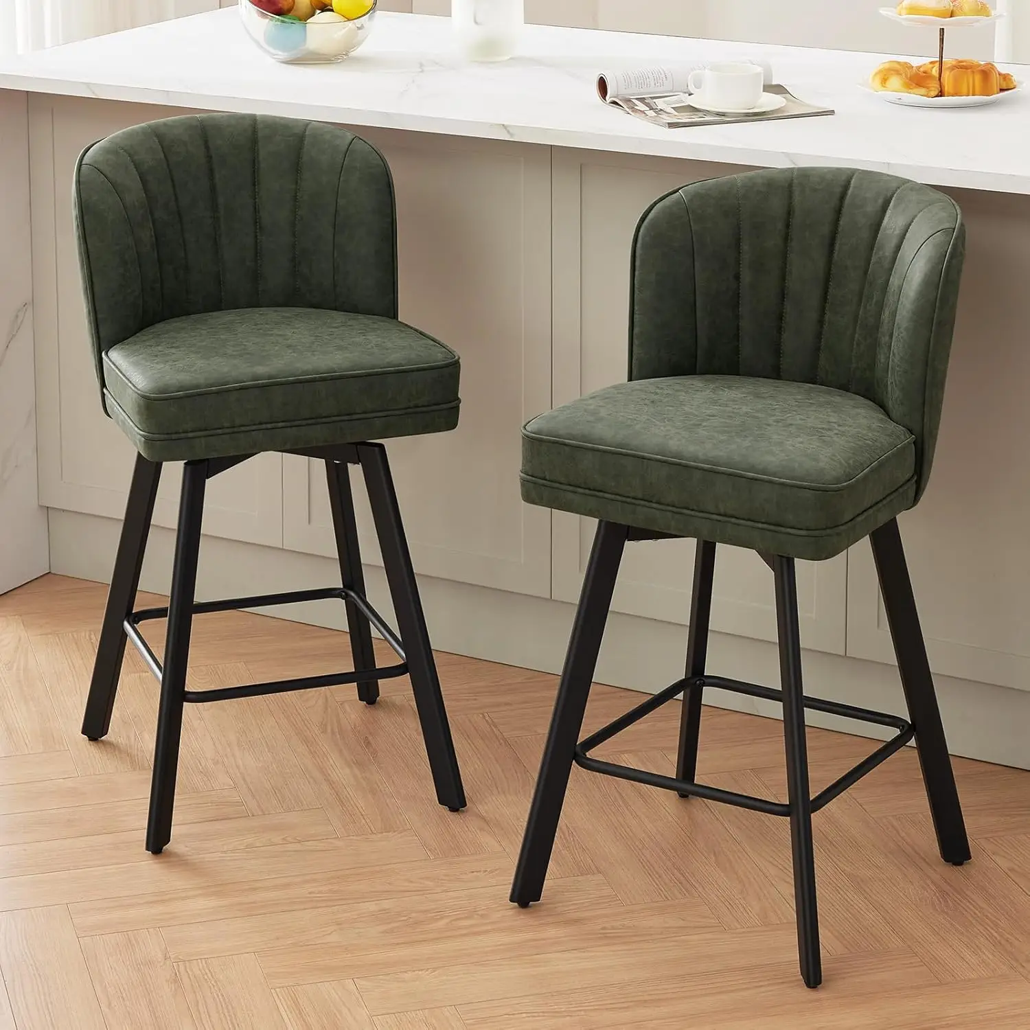 

26'' Swivel Counter Height Bar Stools Set of 2 with Back Metal Leg Faux Leather Upholstery Kitchen Island Chair Customized