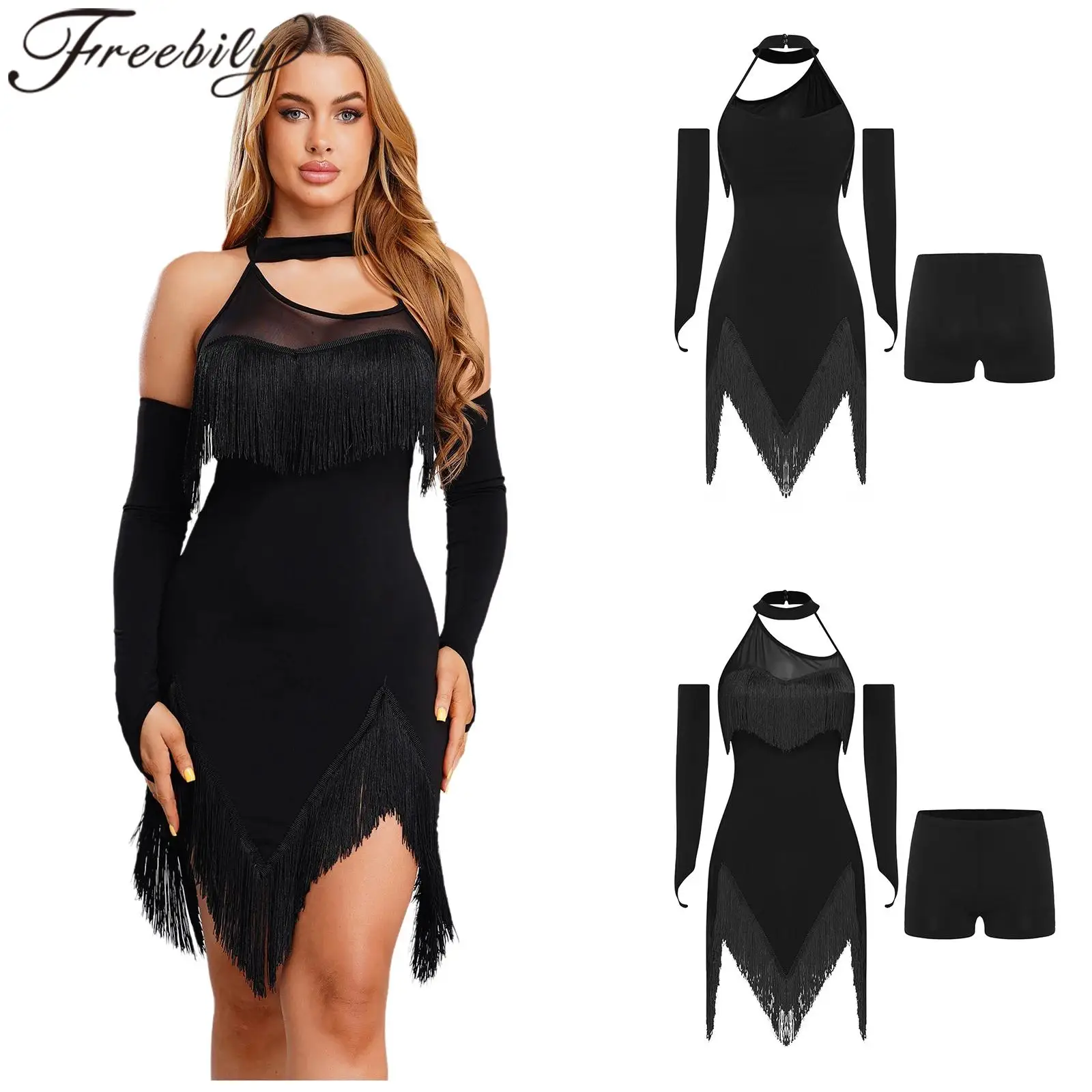 

Womens Tassels Ballroom Latin Dance Dress Female Fringed Halter Cocktail Chacha Performance Dress with Gloves Ball Party Outfit