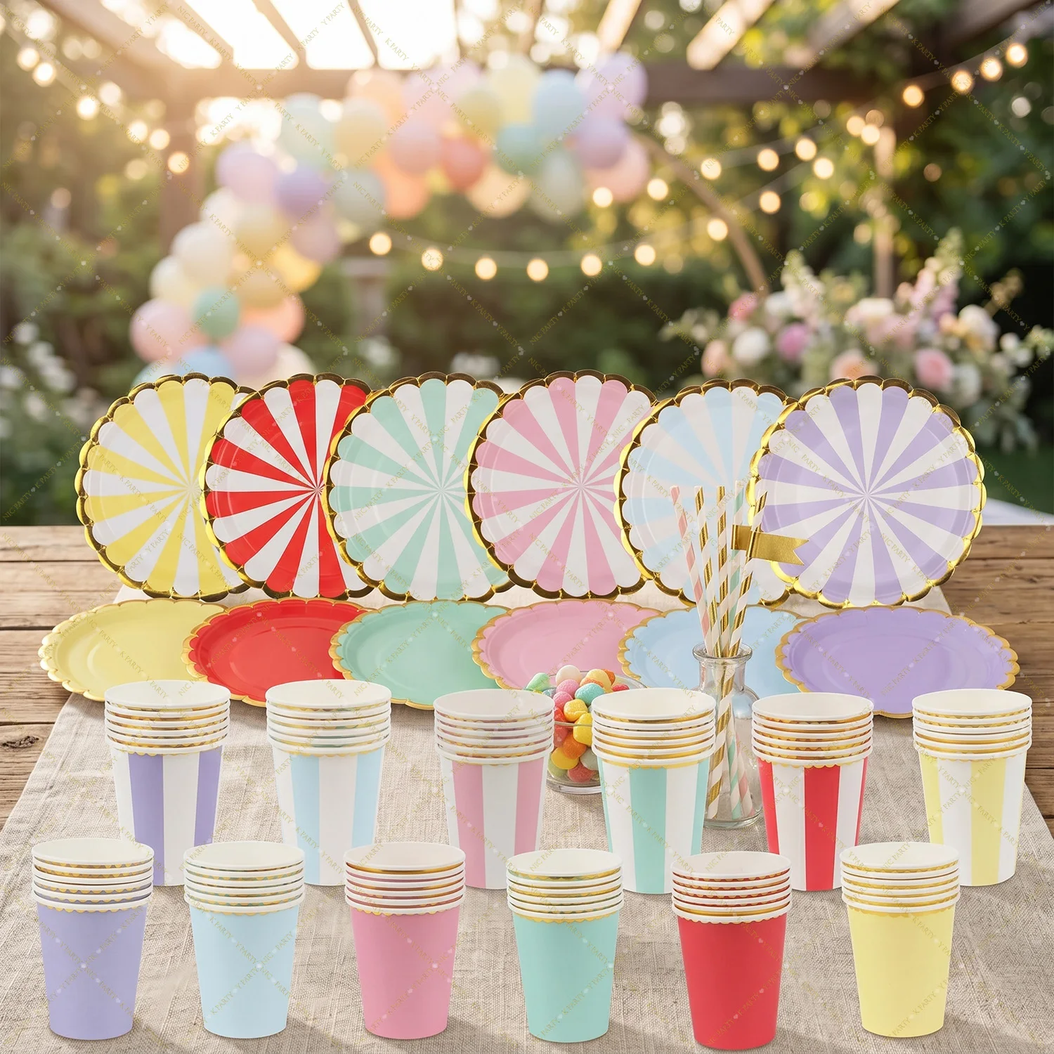 Festival Party Paper Plates Cups Kit Birthday Decoration Party Supplies Colorful Baby Shower Portable Wedding Camping Supplies