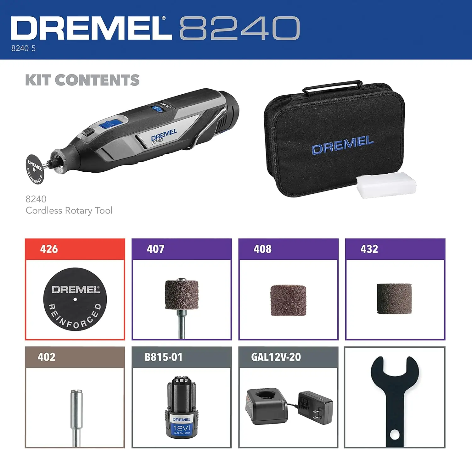 12V Cordless Rotary Tool Kit with Variable Speed and Comfort Grip - Includes 2AH Battery Pack, Charger, 5 Accessories, Wrench