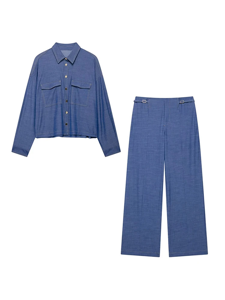 

2025 New Women's Denim Formal Suits Set Metal Buttons Shirt Matching Wide Leg Jeans With Thin Belt Female Chic Office Outfits
