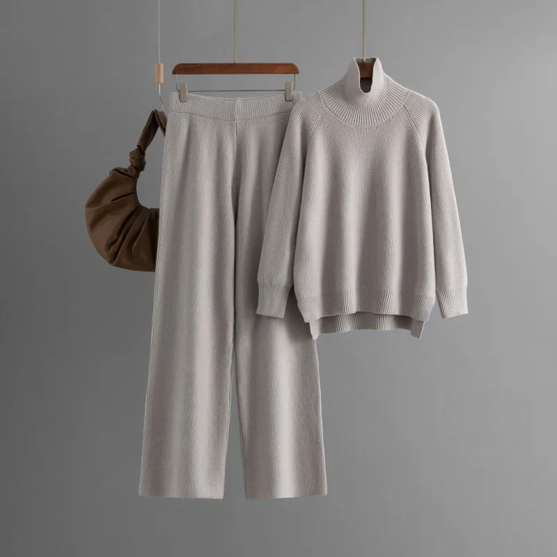 Fashion pants suit 2024 autumn Winter New Solid Color Knitted Wide Leg Pants Turtleneck Slit Sweater women Two-piece Sets