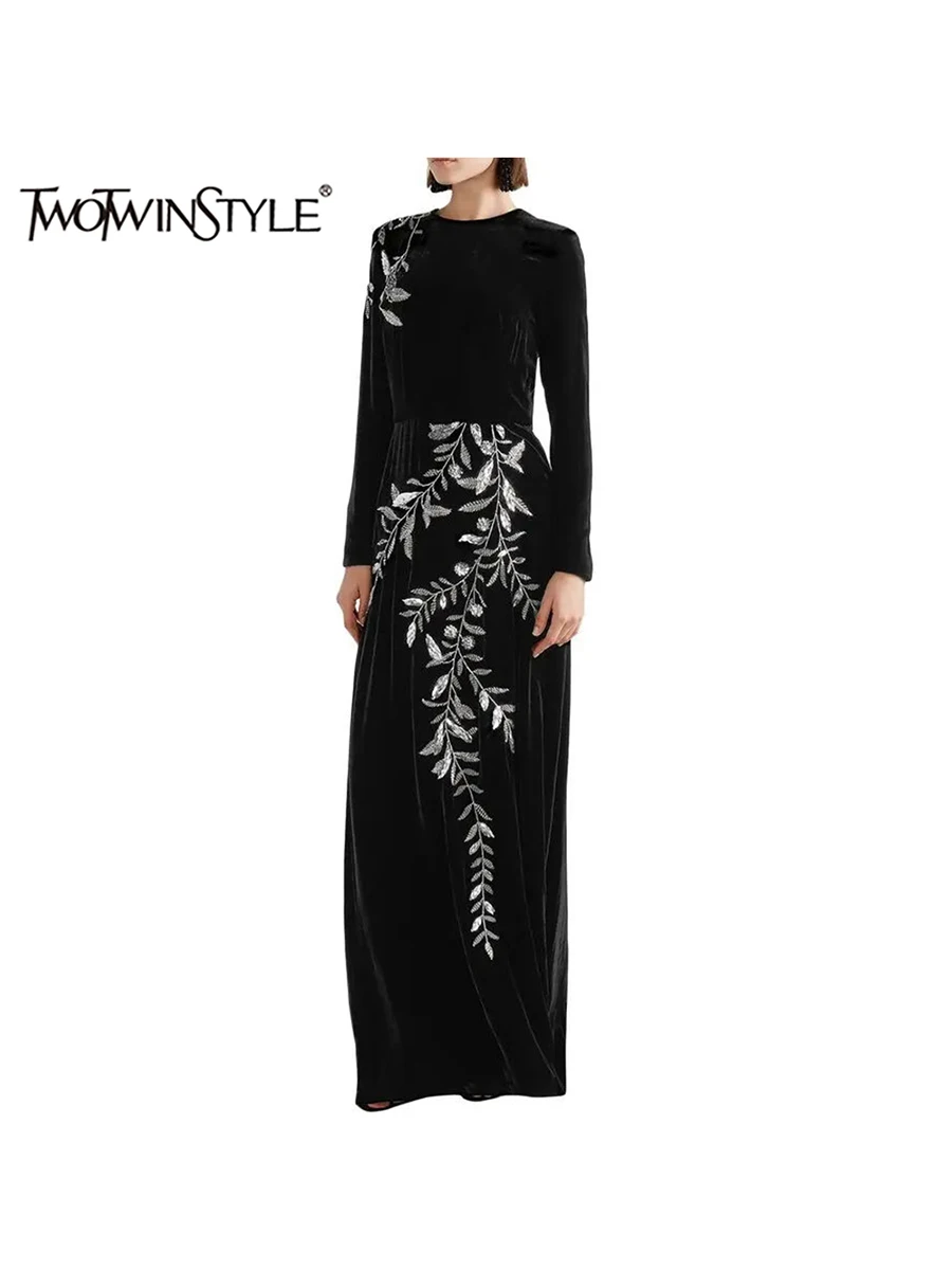 

TWOTWINSTYLE Solid Slimming Elegant Dresses For Women O Collar Long Sleeve High Waist Spliced Diamonds Chic Dress Female Fashion