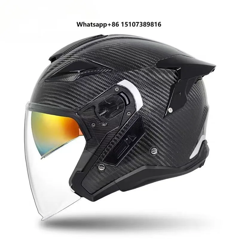 New GSB ECE Approved Carbon Fiber Motorcycle Helmet Double Lens Quick Release Closure Fiberglass All Season Half Face
