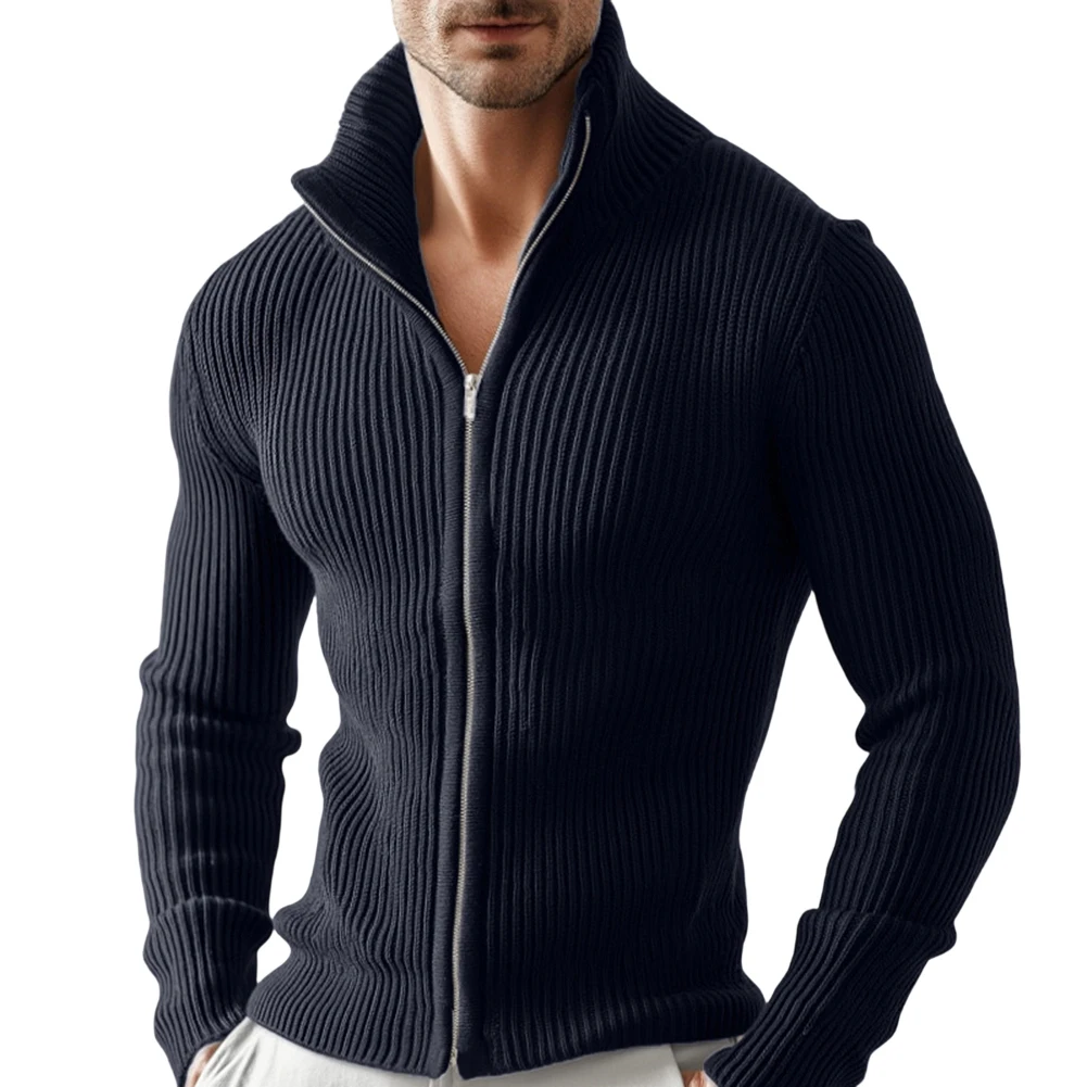 Men Full Zip Stand Collar Cardigan Sweater Knitted Thick Warm Outerwear Jacket for Daily Casual and Outdoor Wear in Cold Weather