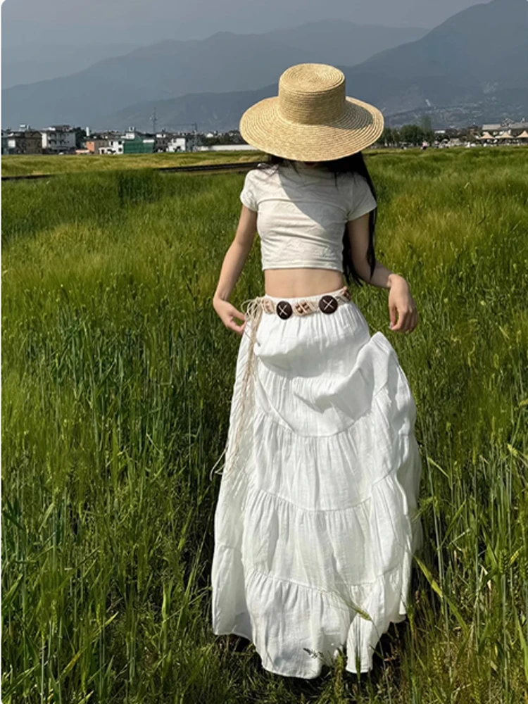 

Ele High Waist Midi Skirt Women's White Fairy Long Skirt Summer Vaion Sle Cake Skirt Loose Fit Baking Season