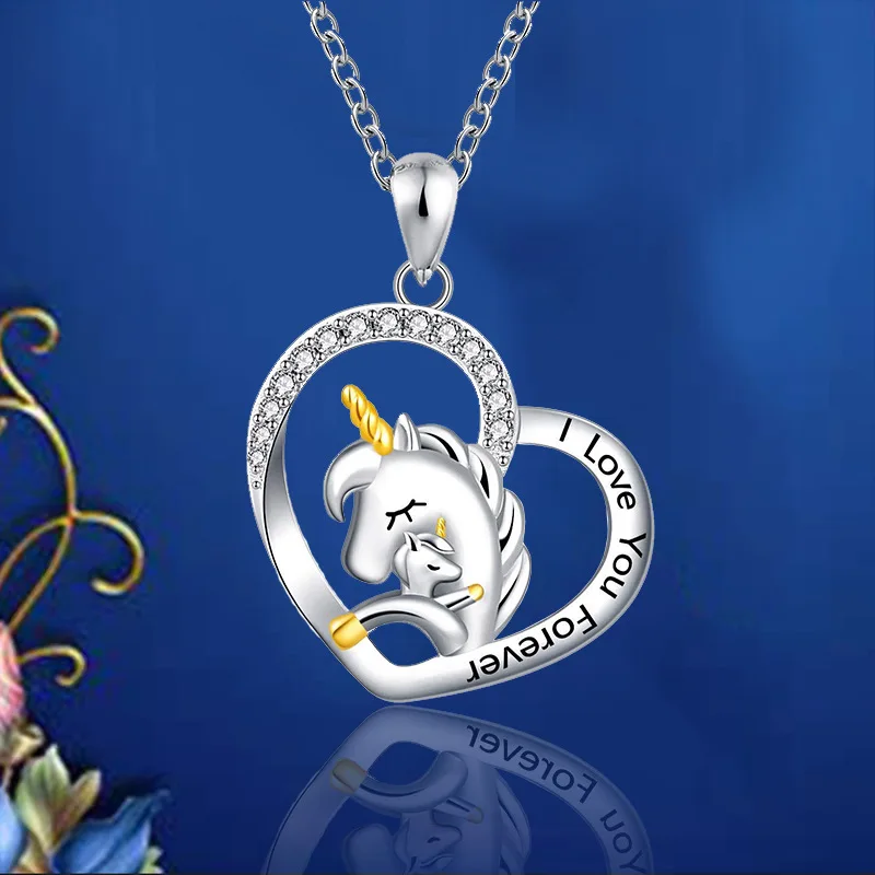 Fashion Love Shaped Mother Unicorn Diamond Engraved Necklace Pendant Female Niche Design Sense Pendant Accessory Gift