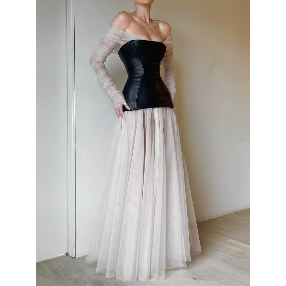 Fashion Black-Ivory Strapless Floor-Length Tulle Party Gowns Dresses For Wedding Long Formal Evening Dresses 2024