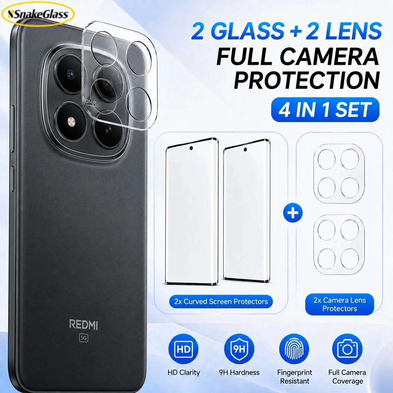 Protetor de Tela para Redmi Note 15 Pro+ 15 Pro 4G 14Pro 13 Pro Plus 2 Vidros Temperados + 2 Películas para Lente HD Transparente 9H Anti-Impressão Digital
