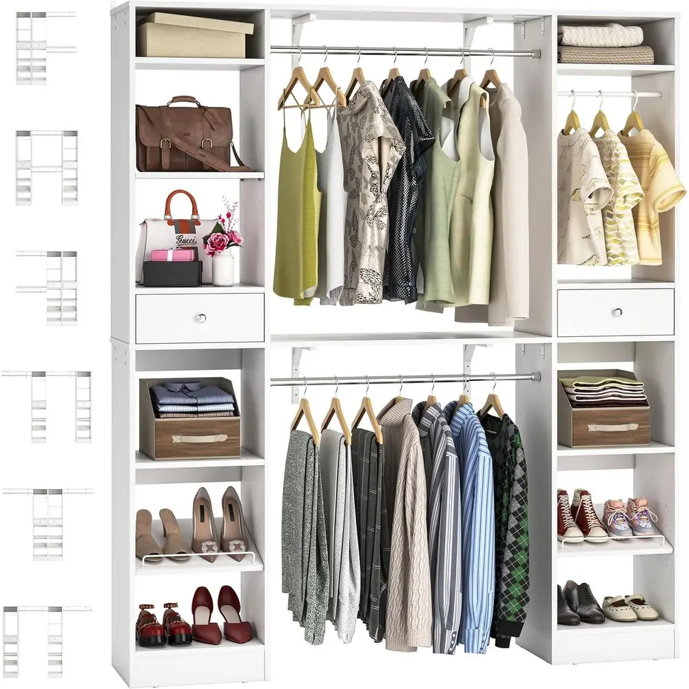 

58" W - 90" W Closet System, Large Walk in Closet Organizer with 3 Hanging Rods and Shelves, Heavy Duty Wood Closets Wardrobe wi