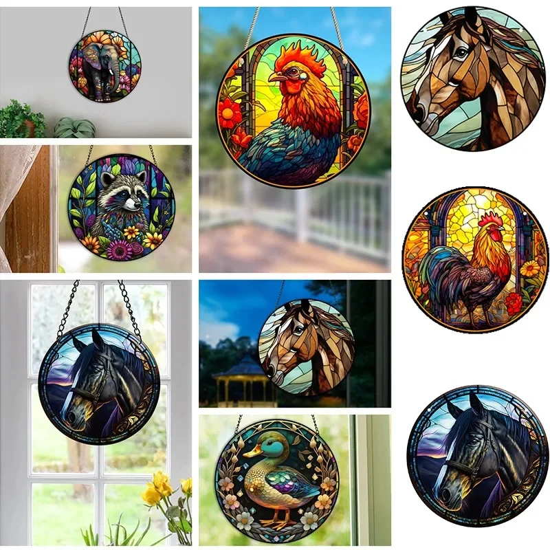 Duck Horse Round Acrylic Painted Elephant Rooster Raccoon Wall Hanging Animal Window Craft Pendant Home Living Room Decoration