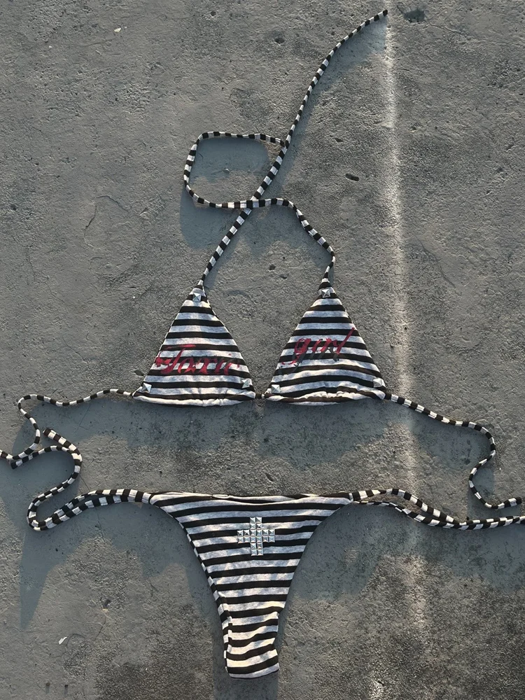 Summer Y2K Striped Studded Bikini Set Women Halter Triangle Top Tie Side Swimwear Grunge Toxic Girl Print Bathing Suit