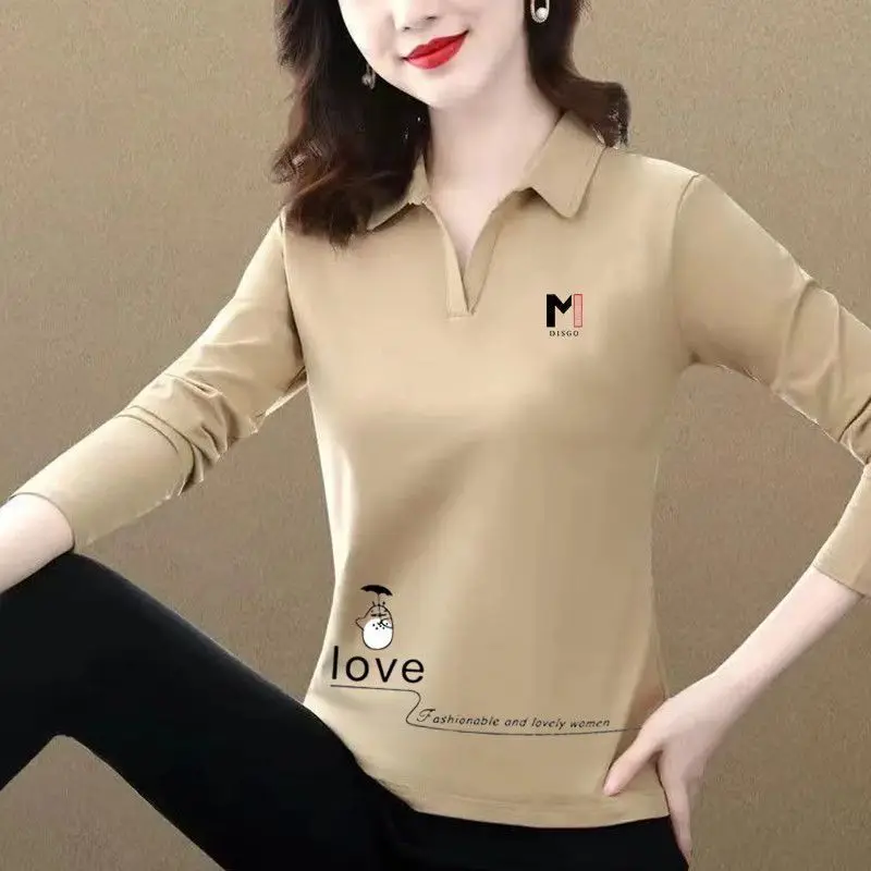 Korean Version Commuter Versatile Temperament Women's Clothing Letter Printed POLO Collar Long Sleeve Solid Color Pullover Shirt