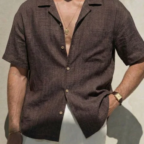 High-quality Imitation Hemp Cuban Collar Shirt Men's Summer Thin Shirt