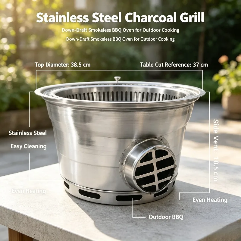 Stainless Steel Down Draft Charcoal Grill Smokeless Barbecue Roaster For Restaurant Self Service Outdoor Meat Cooking