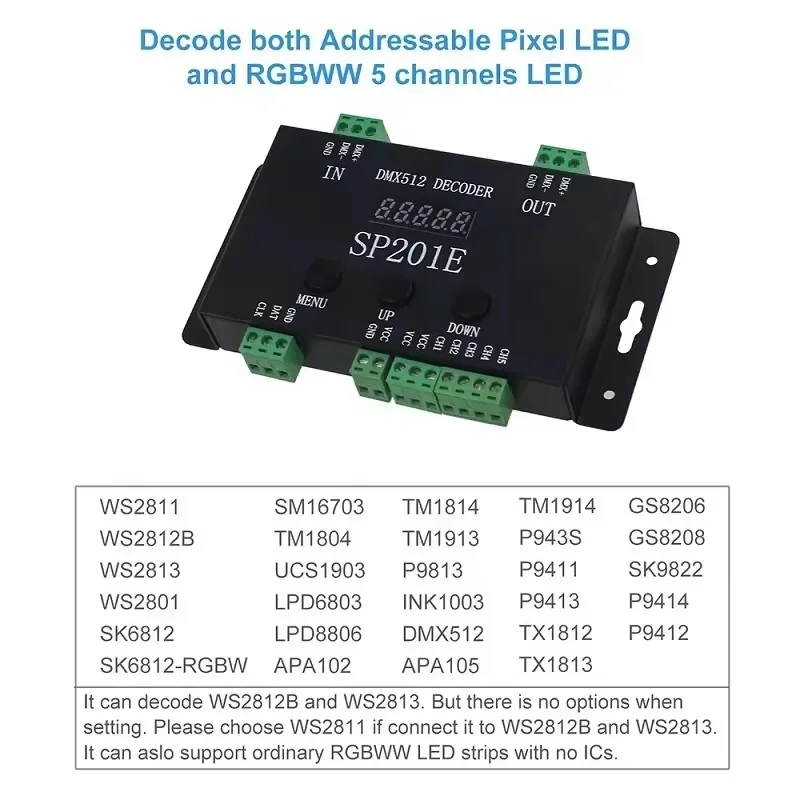 SP201E DMX to SPI Controller  5 Channel DMX512 RGB WW Decoder LED Controller for DC5-24V Addressable Pixel Light Strip