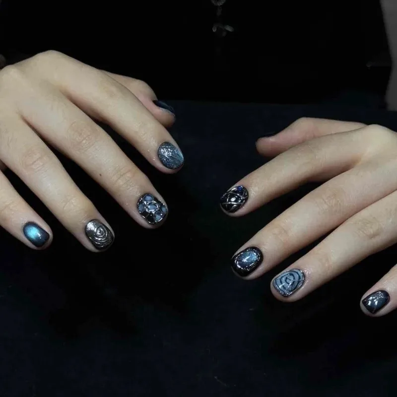 10PCS Dark Blue Cat Eye Short Squoval Handmade Press on Nails Gothic Black Thorn Symbol Metal Silver Spider Web False Nails Tips - view 3