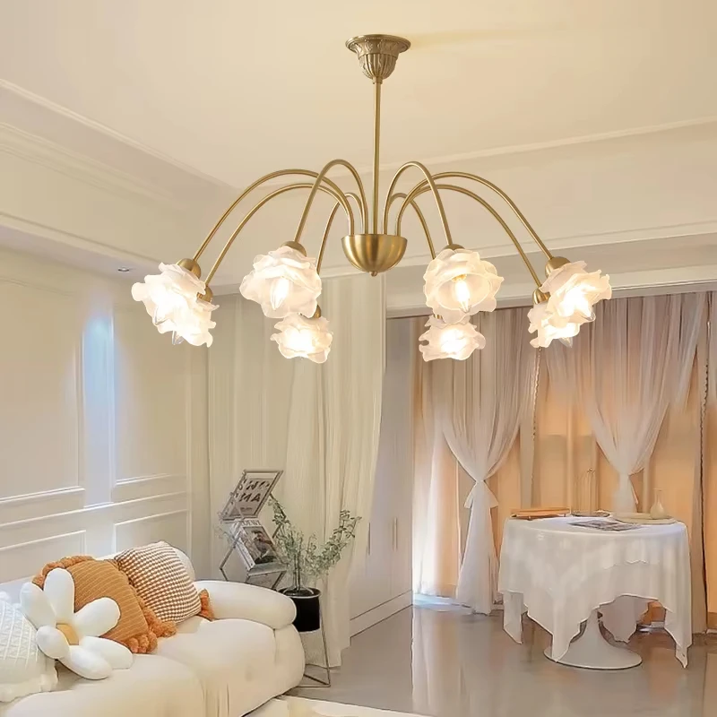 Modern French Retro Copper Rose Chandelier Bedroom Living Room Study Pendant Lighting Luxury Hanging Lamp