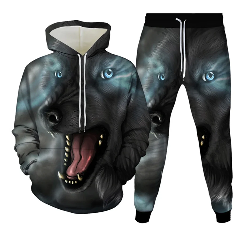 Men\'s Tracksuit Sets Animal Wolf 3D Print Casual Hoodie Pants 2pcs Sets Oversized Sweatshirt Fashion Streetwear Men Clothing