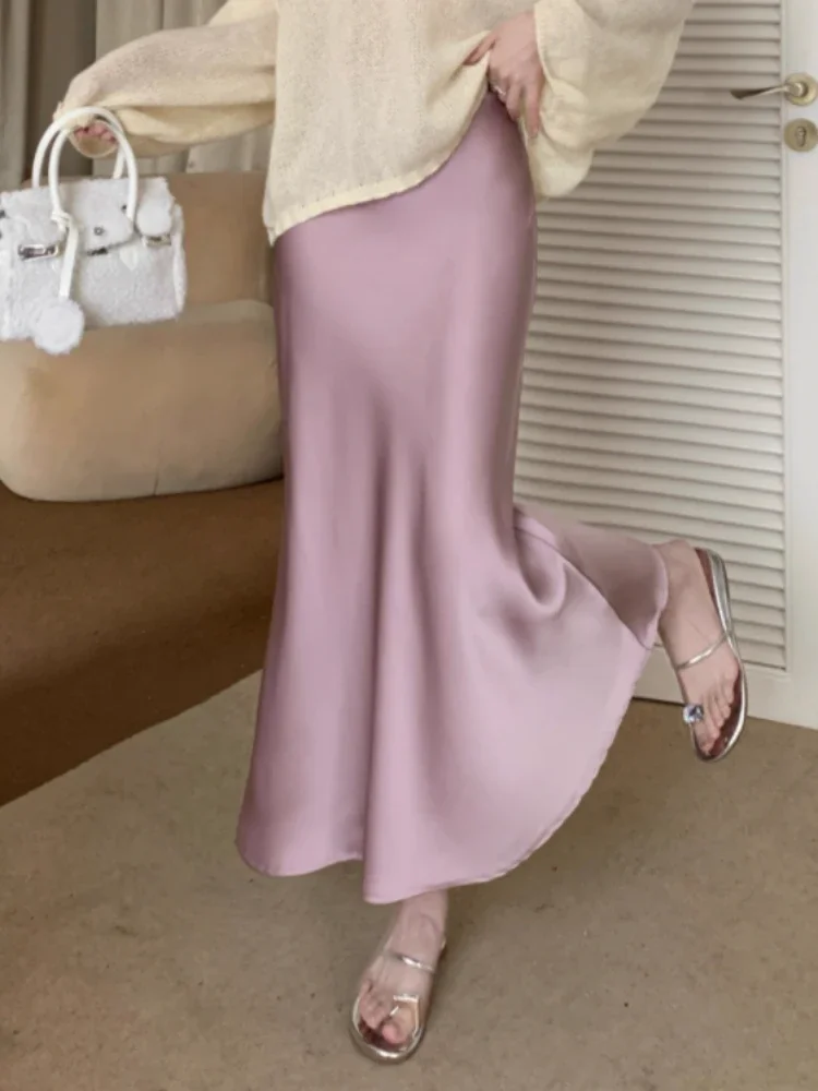 Women's Long Skirt Spring Summer Satin Silk A-line Skirt High Waist Ladies Korean Fashion Solid Pink Fishtail Skirts for Women