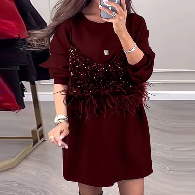 Spring Sequin Patchwork Feather Party Dresses Women Sexy O-Neck Mini Pullover Dress Autumn Long Sleeve Sweatshirt Dress Vestidos