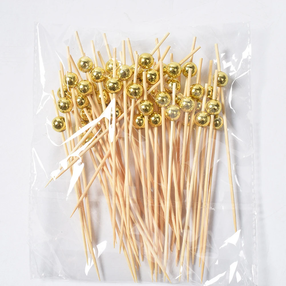 

100 Pcs Cocktail Picks Fruit Sticks Disposable Toothpick Golden Pearl Party Bar Cocktail Stick KTV Clubs Beverages