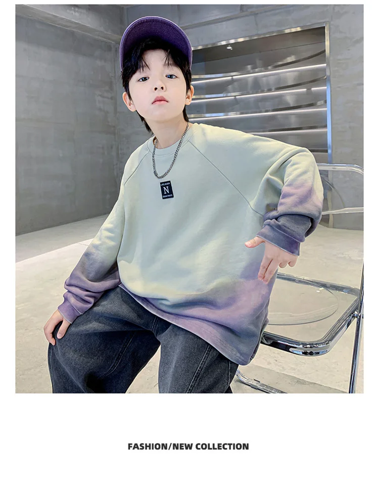 Neues koreanisches Sweatshirt für Jungen, Teenager, Herbst, Kinderbekleidung, Baumwoll-Oberteil, Farbverlauf-Sweatshirt, bedruckt, Schulkinderkleidung – Detail 7