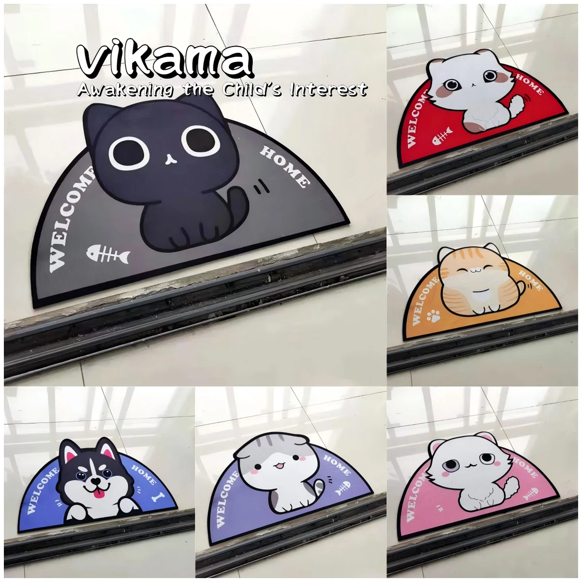 VIKAMA Cartoon Semicircular Crystal Velvet Pet Mat Home Small Carpet Bedroom Bathroom Non-slip Doormat