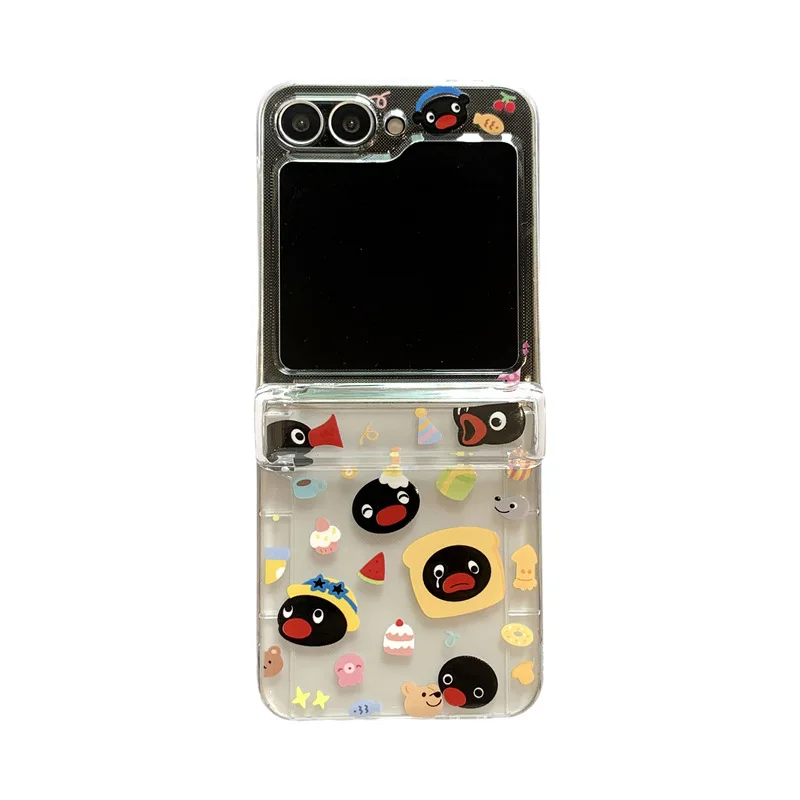 2025 الكرتون وجبات خفيفة البطريق جراب هاتف لسامسونج غالاكسي Z Flip6 4 3 الغطاء الصلب ل ZFlip3 Zflip4 Zflip5 الصلبة شل قوس