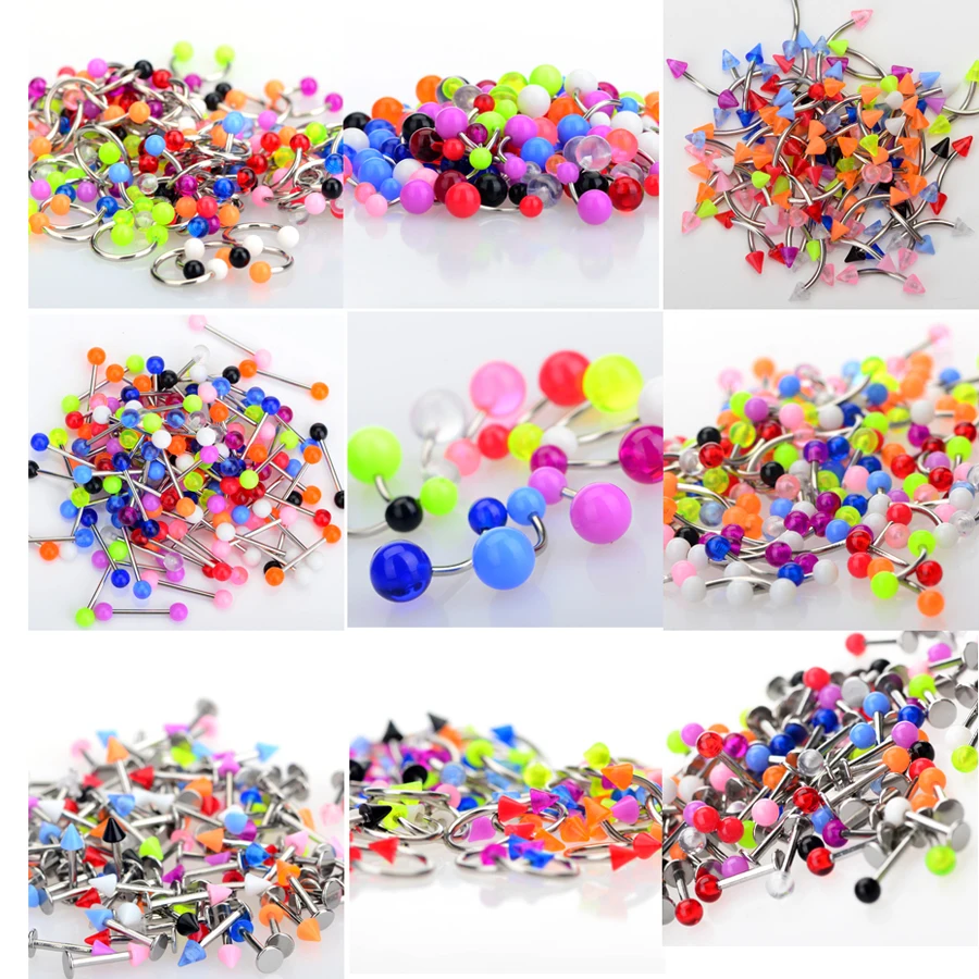 45pcs Acrylic Ball Tongue Nipple Ear Rings Bars Barbell Plug Tunnel Body Piercing Jewelry Candy Color Body Piercing Jewelry