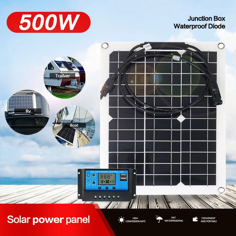 500 W hocheffizientes flexibles Solarpanel-Set mit 12-V-Batterieladegerät und 100 A-Controller für Wohnmobile, Yacht, Boote, netzunabhängige Stromversorgung