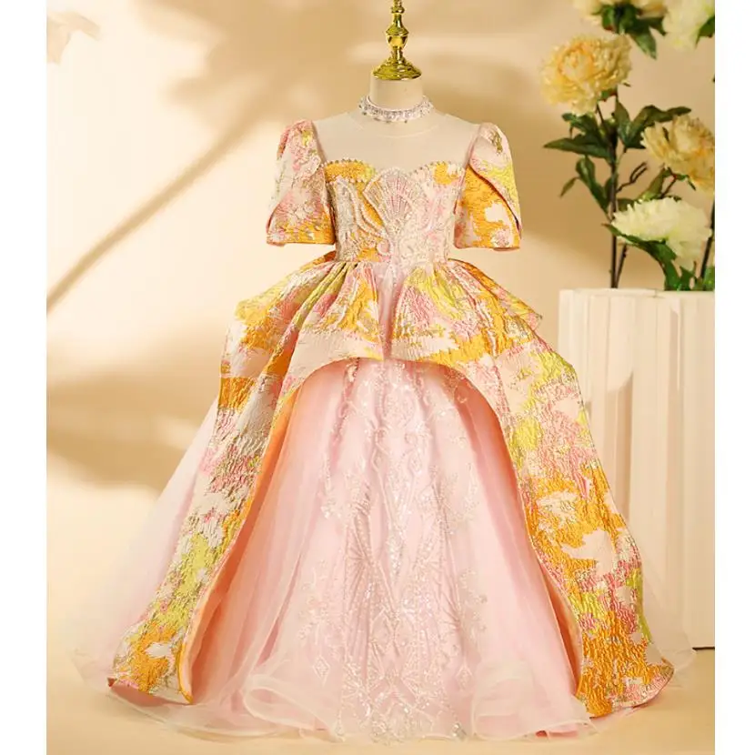 High-End Luxury Children's Prom Evening Gown Pearls Design Kids Catwalk Birthday Party Wedding Girl's Princess Dress A2992