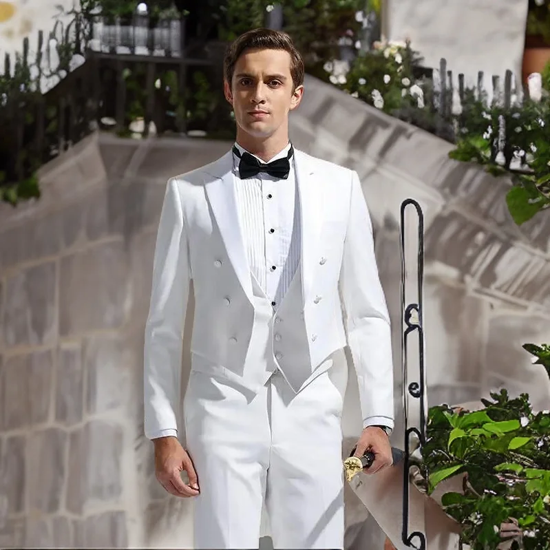 

Italian Tailcoat Design White Men Suit Slim Fit Wedding Suits for Men Groom Tuxedos Bridegroom 3 Pcs (Jacket + Pants + Vest)