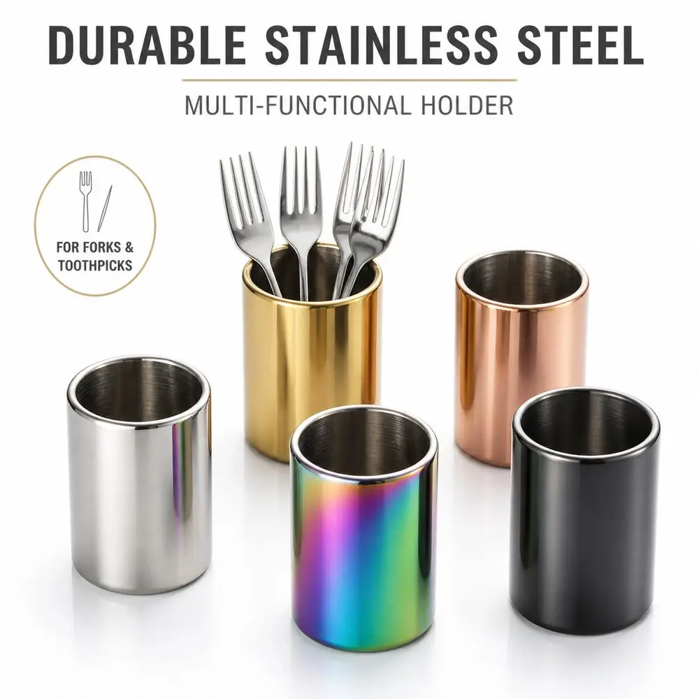 Stainless Steel Fruit Fork Holder Titanium Plated Finish Minimalist European Style Toothpick Holder Cylindrical Structure